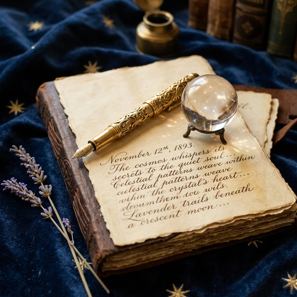 Journal antique, plume dorée et boule de cristal — symboles d'avis et témoignages