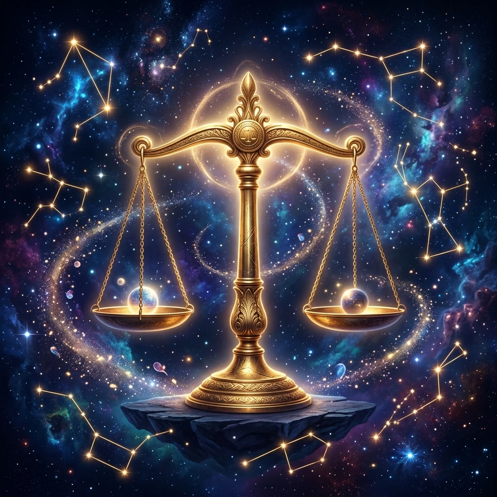 Balance dorée sur fond cosmique, symbole d'évaluation et de fiabilité
