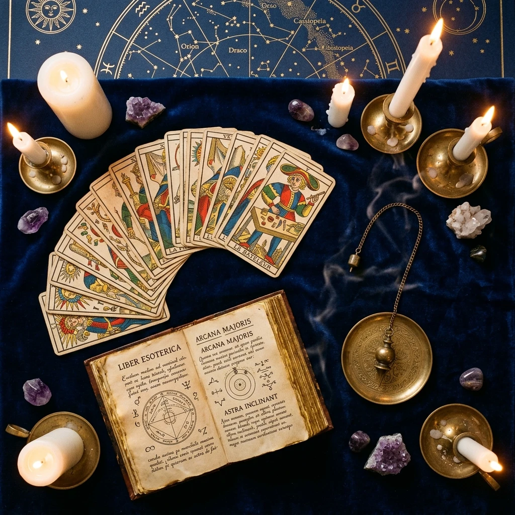 Table de divination avec tarot, pendule et bougies