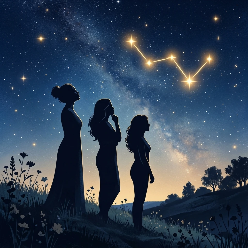Trois silhouettes regardant la constellation Cassiopée — profils de consultants